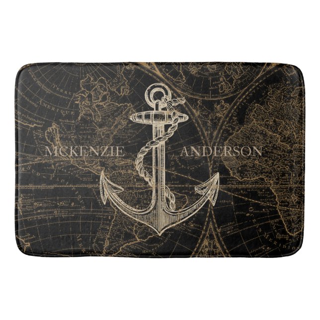 Tapis De Bain Ancien Monde Ancre nautique Monogramme Noir (Devant)