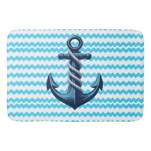 Tapis De Bain Ancrage bleu avec vagues bleues (Devant)