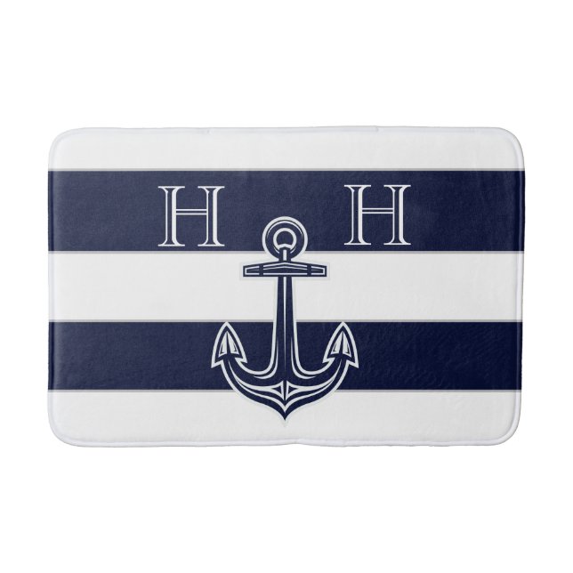 Tapis De Bain Ancre bleue marine Nom du monogramme côtier (Devant)