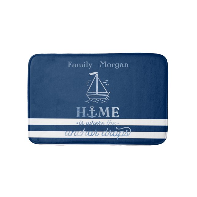 Tapis De Bain Ancre de bateau nautique rayée bleu marine (Devant)