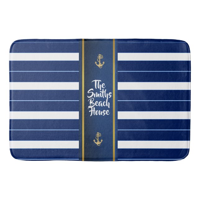 Tapis De Bain Ancre dorée sur Bleu Bleu Bleu Nautique (Devant)