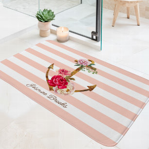 Tapis De Bain Ancre Florale Rose Rayures Nautiques Nom Personnal