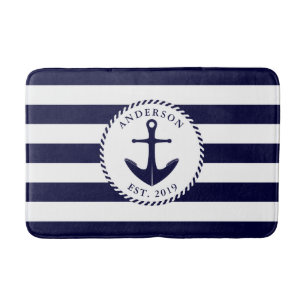 Tapis De Bain Ancre Marine et White Nautical Bath Mat