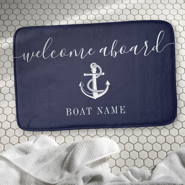 Tapis De Bain Ancre Nautione Nom Bateau Bleu Marine Bienvenue à  (Nautical Anchor Boat Name Navy Blue Welcome Aboard Bath Mat)