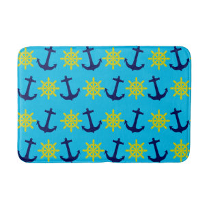 Tapis De Bain Ancre nautique et Motif à roues sur Aqua Blue