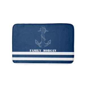Tapis De Bain Ancre nautique, Marine Blue Stripes