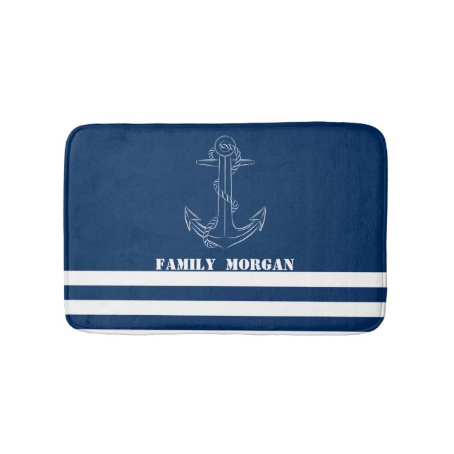 Tapis De Bain Ancre nautique, Marine Blue Stripes (Devant)