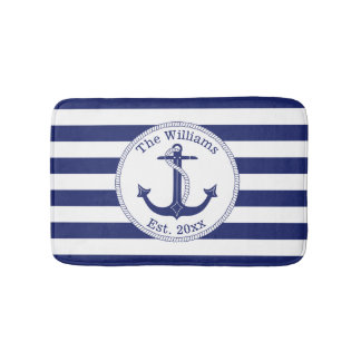 Tapis De Bain Ancre nautique Marine Blue Stripes Nom de famille