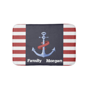 Tapis De Bain Ancre Naútíque Navy Bleu, Rayures Rouges Bain