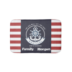 Tapis De Bain Ancre nautique,Roue, Bleu marine,Rayes rouges