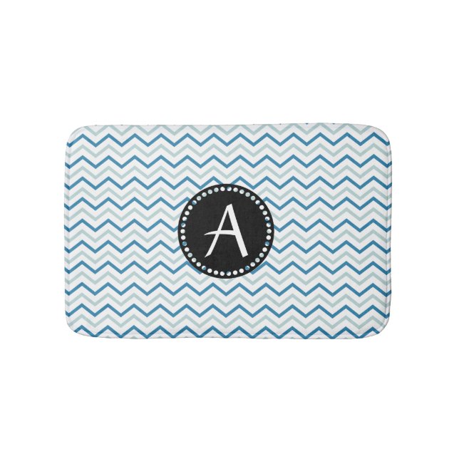 Tapis De Bain Aqua Blue & white Chevron zigzag Patter Monogramme (Devant)