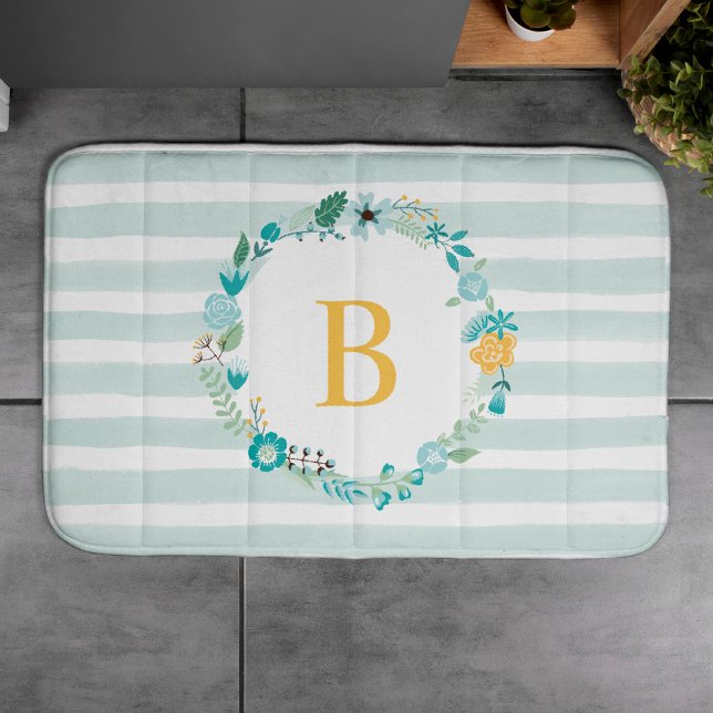 Tapis De Bain Aqua et Yellow Monogramme Floral Wreath (Créateur téléchargé)