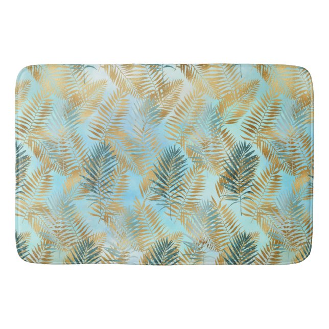 Tapis De Bain Aqua Sky vert or feuilles tropicales         (Devant)