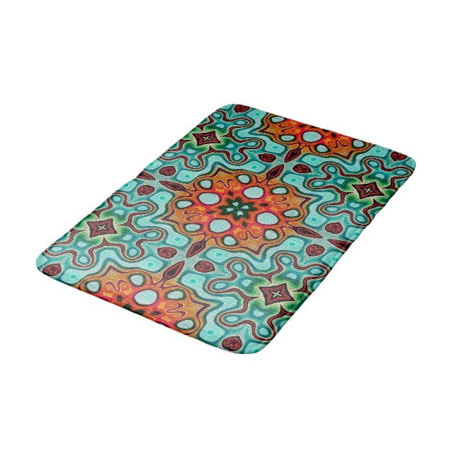 Tapis De Bain Aqua Turquoise Bleu Orange Rouge Tribe Brown Art (Angle)
