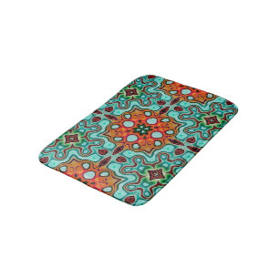 Tapis De Bain Aqua Turquoise Bleu Orange Rouge Tribe Brown Art