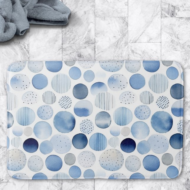 Tapis De Bain Aquarelle bleu Abstrait Cercles blancs Motif (Créateur téléchargé)