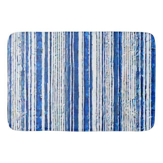 Tapis De Bain Aquarelle bleu blanc rayé moderne (Devant)
