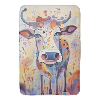 Tapis De Bain Aquarelle Bleu coloré Whimsical Vache mousseuse