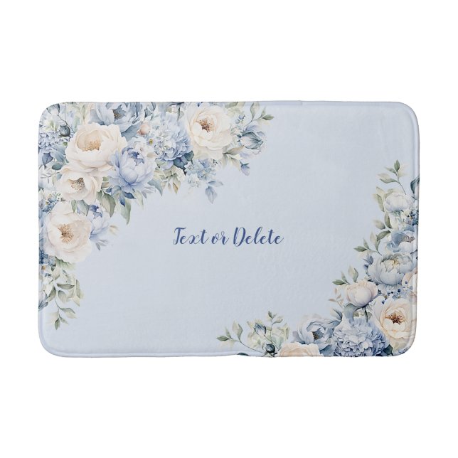 Tapis De Bain Aquarelle bleu Dusty Fleurs d'ivoire Feuille (Devant)