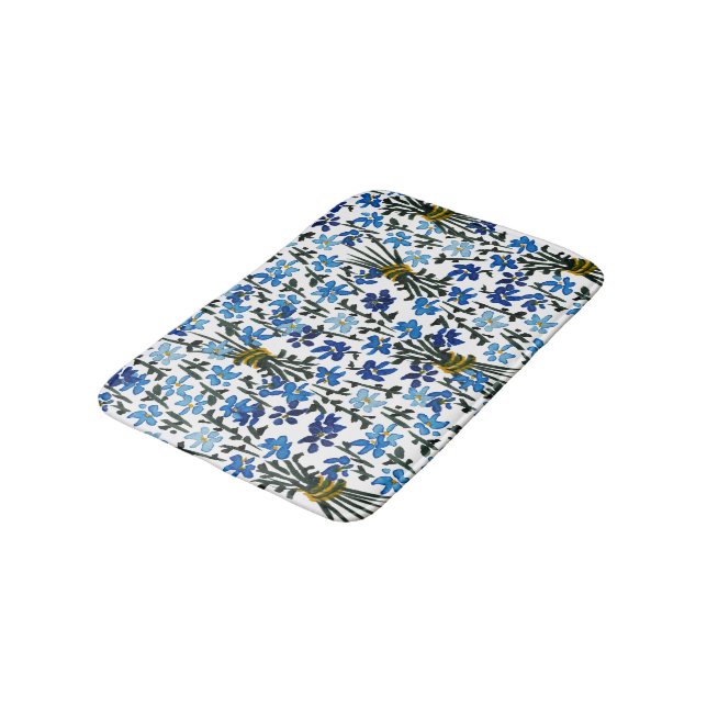Tapis De Bain Aquarelle Bleu Fleur sauvage Bohème Chic (Angle)