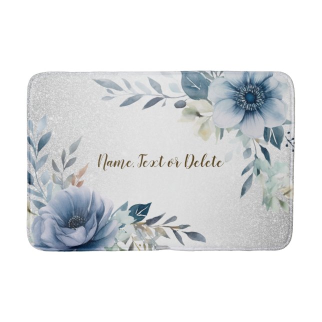 Tapis De Bain Aquarelle bleu foncé Fleurs Argent Élégant (Devant)