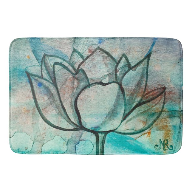 Tapis De Bain Aquarelle bleu turquoise Fleur élégant Artsy Lotus (Devant)