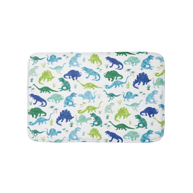 Tapis De Bain Aquarelle bleu vert Dinosaur Silhouette Kids (Devant)