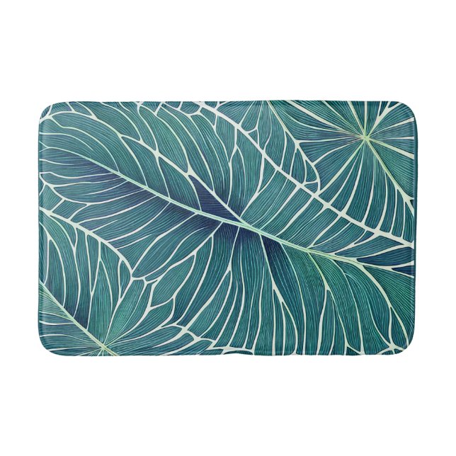 Tapis De Bain Aquarelle Bleu Vert Turquoise Feuilles tropicaux (Devant)