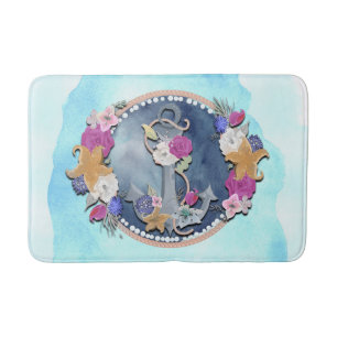 Tapis De Bain Aquarelle bleue moderne florale nautique ancre