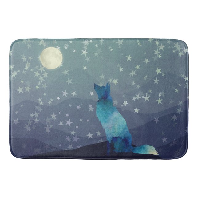 Tapis De Bain Aquarelle bleue Regardez Wolf Stopper sur la lune (Devant)