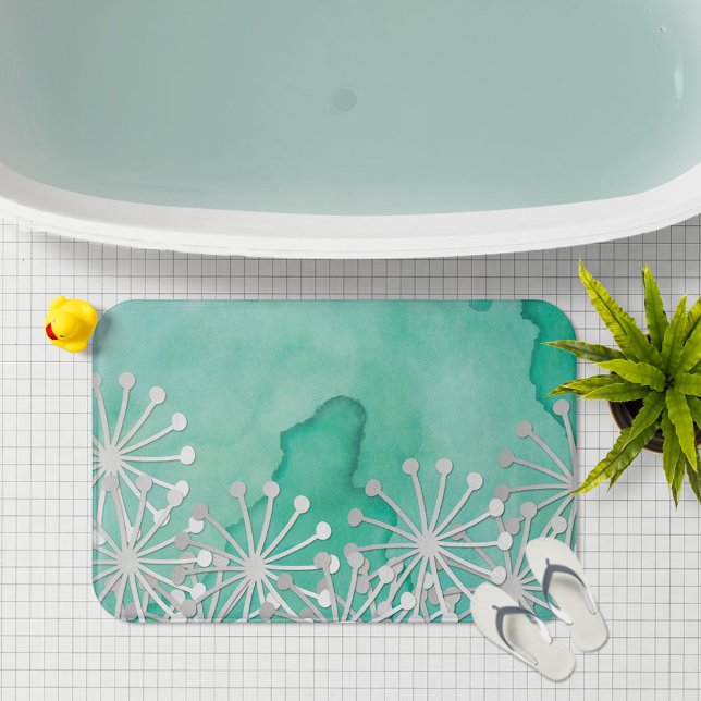 Tapis De Bain Aquarelle de menthe et fleurs blanches (Créateur téléchargé)