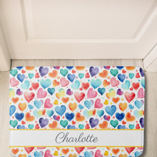Tapis De Bain Aquarelle du coeur Colorée mignonne Amour Nom pers