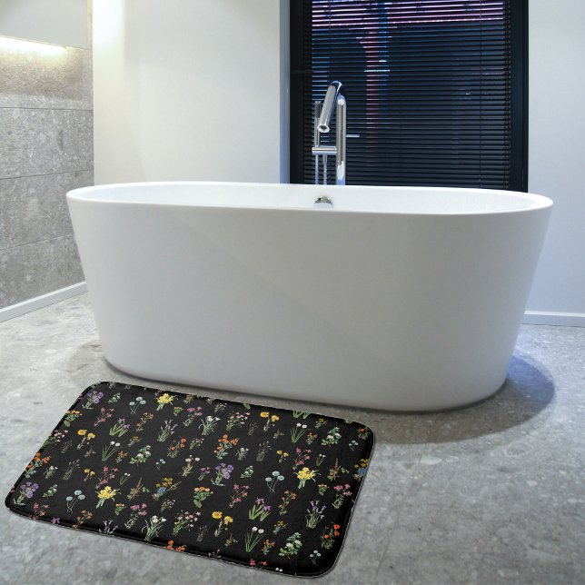 Tapis De Bain Aquarelle fleur sauvage Floral botanique noir (Wildflower Watercolor Black Botanical Floral Bath Mat)