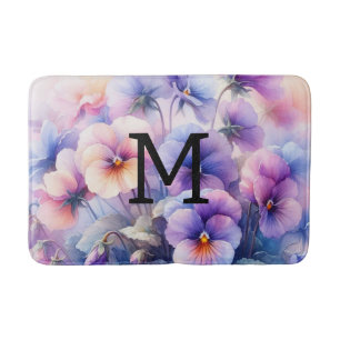 Tapis De Bain Aquarelle florale monogramme rose pourpre panses
