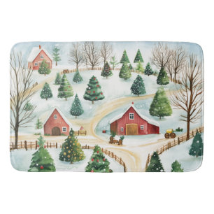 Tapis De Bain Aquarelle Hiver Paysage rustique avec Fir Trees