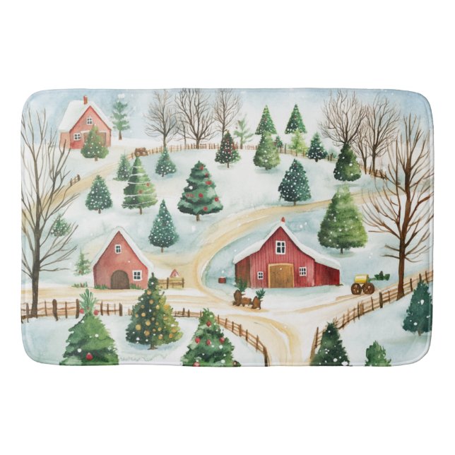 Tapis De Bain Aquarelle Hiver Paysage rustique avec Fir Trees (Devant)