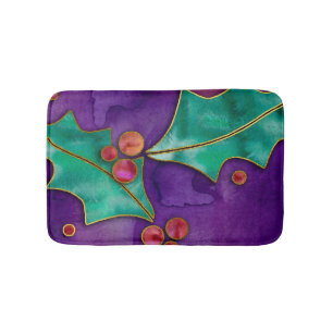 Tapis De Bain Aquarelle Holly Berries Purple Vert Rouge Vacances
