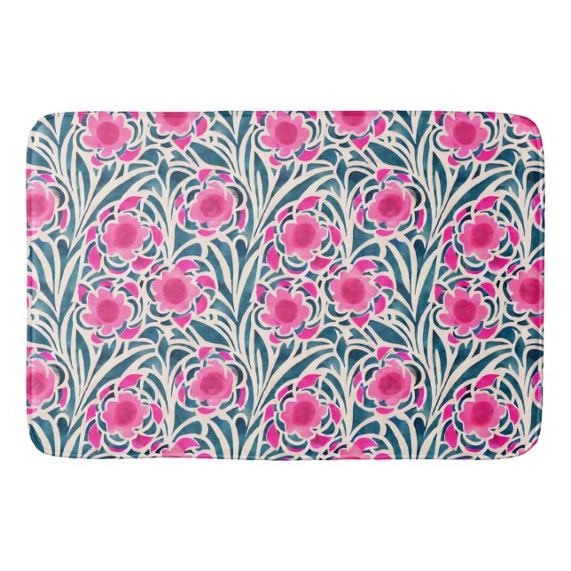 Tapis De Bain Aquarelle inspirée rose + bleu Botanique Floral (Devant)