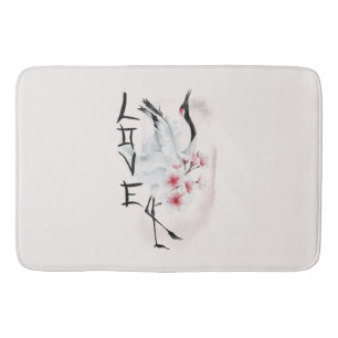 Tapis De Bain Aquarelle Japonaise Sakura Blossom Love Crane