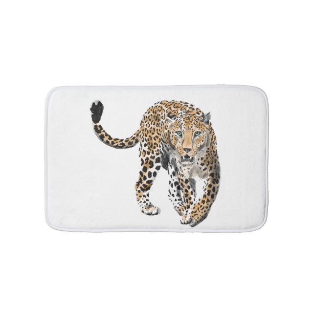 Tapis De Bain aquarelle léopard jungle chat peint vert animal (Devant)