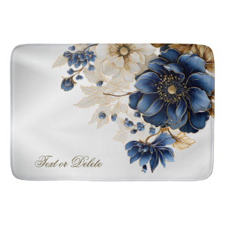 Tapis De Bain Aquarelle Marine Bleu Blanc Or Floral Argent