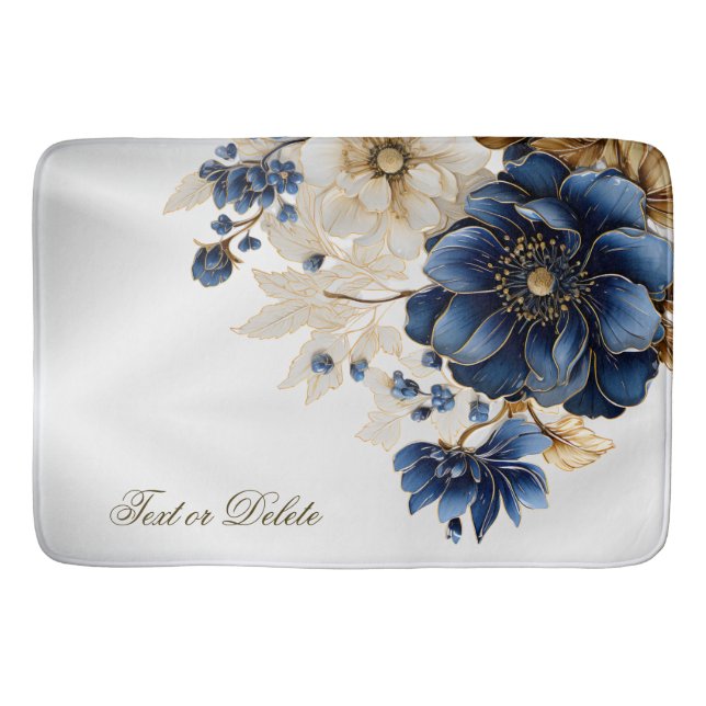 Tapis De Bain Aquarelle Marine Bleu Blanc Or Floral Argent (Devant)
