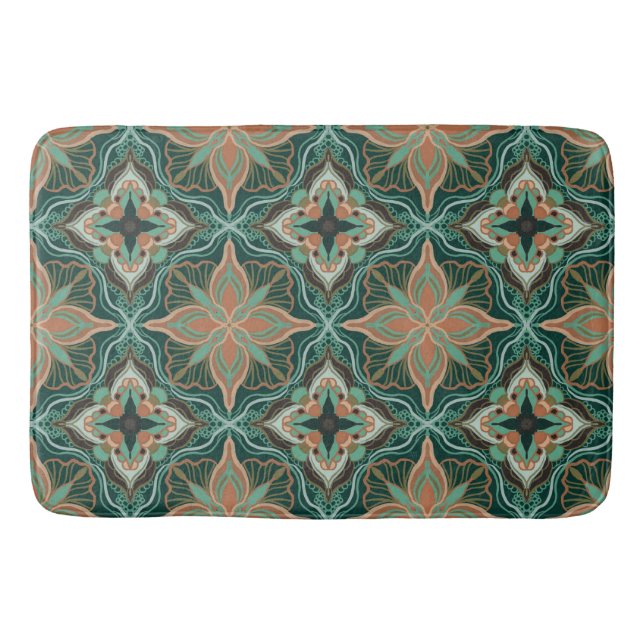 Tapis De Bain Aquarelle Marocaine Turquoise Carrelage Floral (Devant)