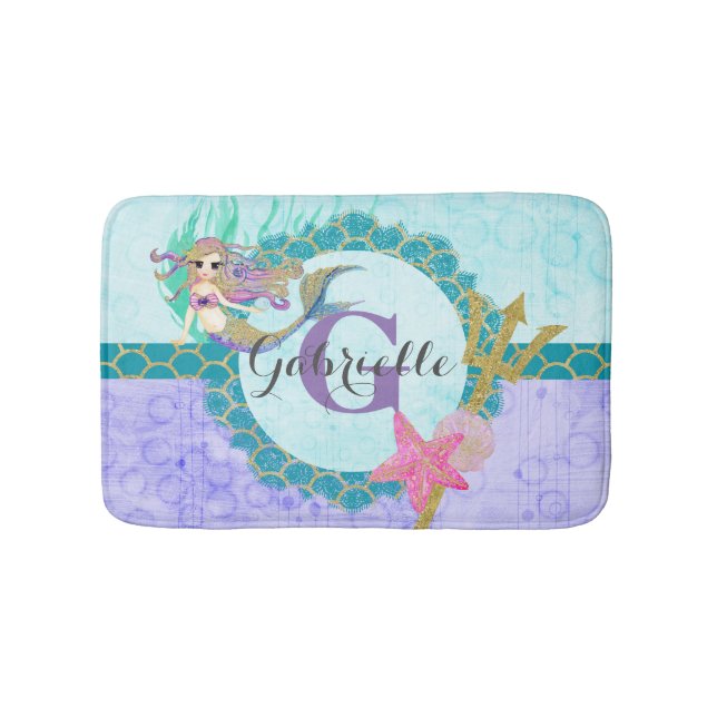 Tapis De Bain Aquarelle mignonne sirène Turquoise et violet (Devant)