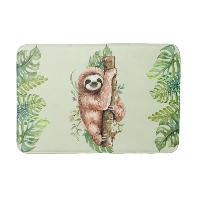 Tapis De Bain Aquarelle mignonne Sloth & Feuilles tropicaux (Devant)