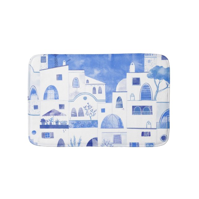 Tapis De Bain Aquarelle moderne Santorin Grèce île (Devant)