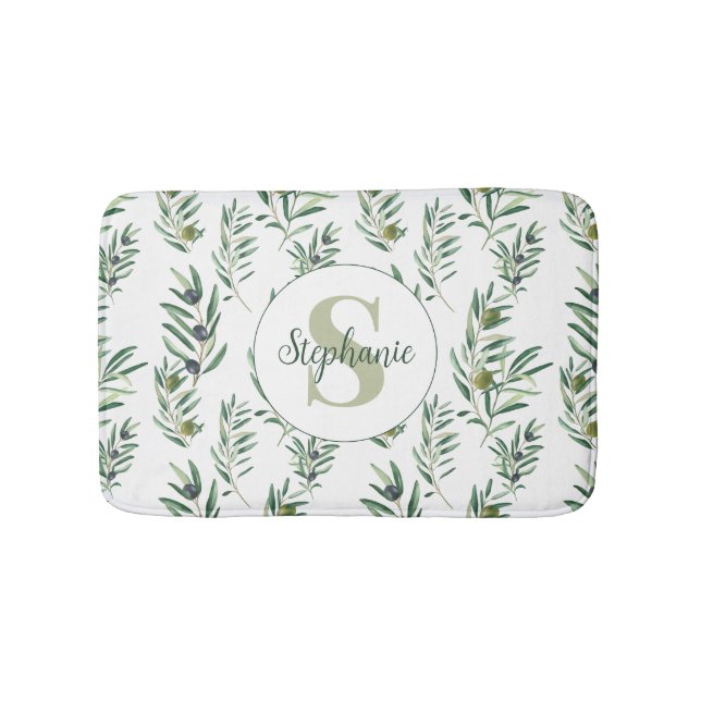 Tapis De Bain Aquarelle Monogramme Nom Motif Branches d'Olivier (Devant)
