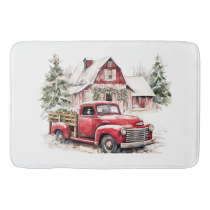 Tapis De Bain Aquarelle Noël Vintage Camion et grange