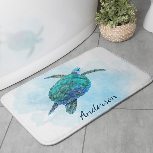 Tapis De Bain Aquarelle Océan côtier de la tortue marine (Créateur téléchargé)