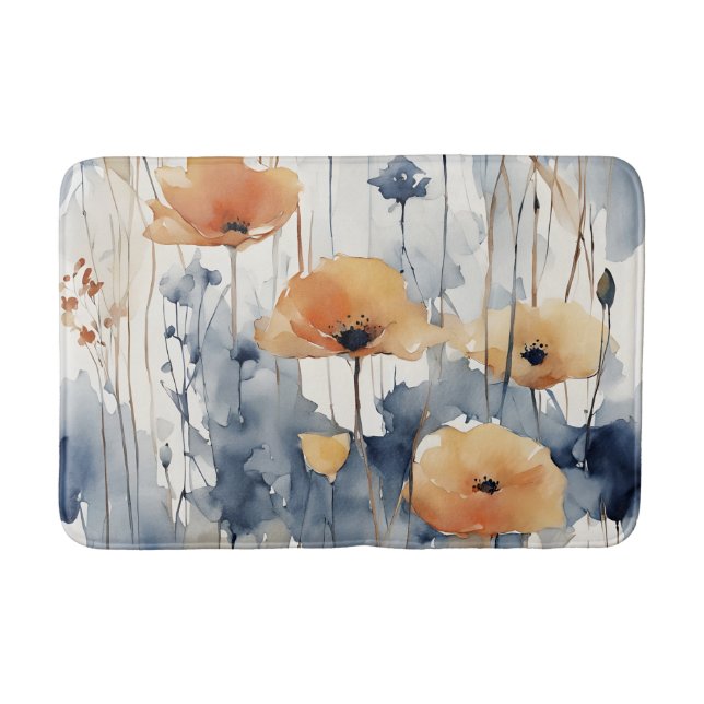 Tapis De Bain Aquarelle Orange Fleurs Blue Indigo Design 347 (Devant)